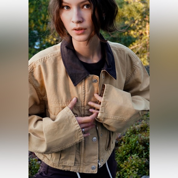 ZARA CONTRASTING COLLAR CROP JACKET XS 5520/071 BARN CHORE COAT FALL VIRAL - Picture 5 of 12